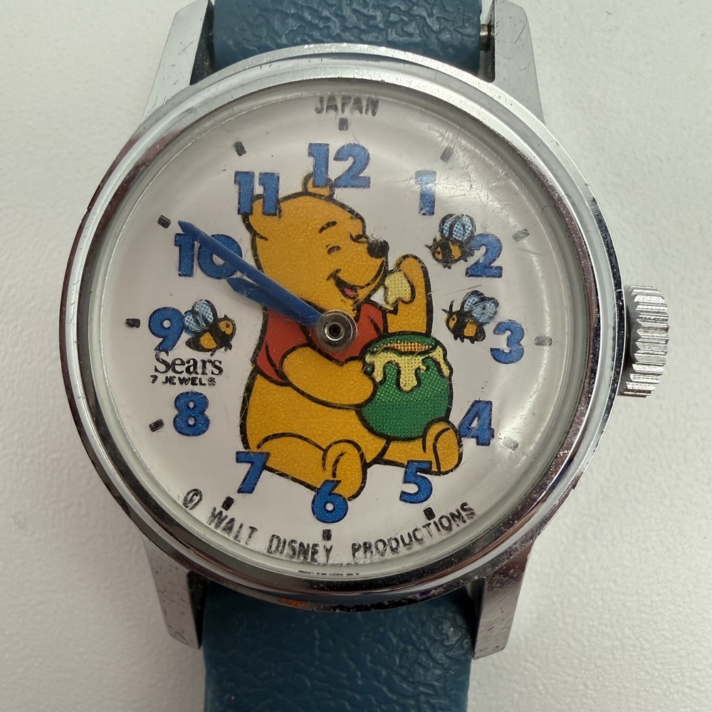 Vintage Sears Winnie The Pooh Kids Wind Up Wrist Watch Running Blue Japan
